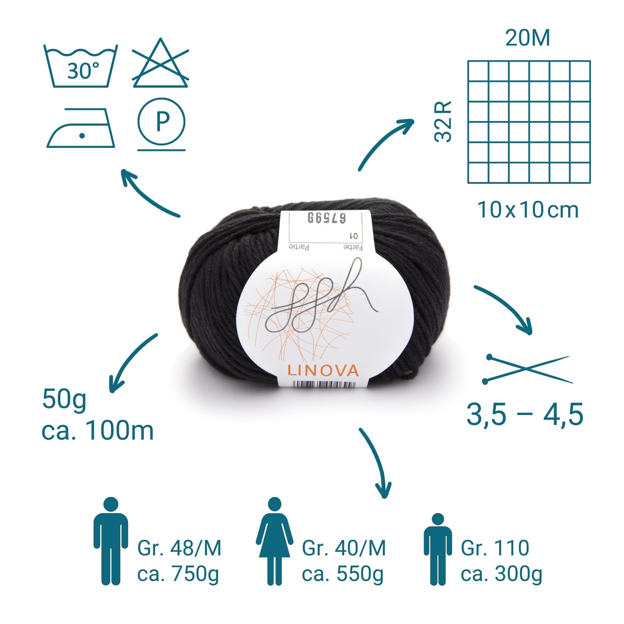 ggh Linova | Baumwolle-Leinen | 100m/50g | 001 - Schwarz